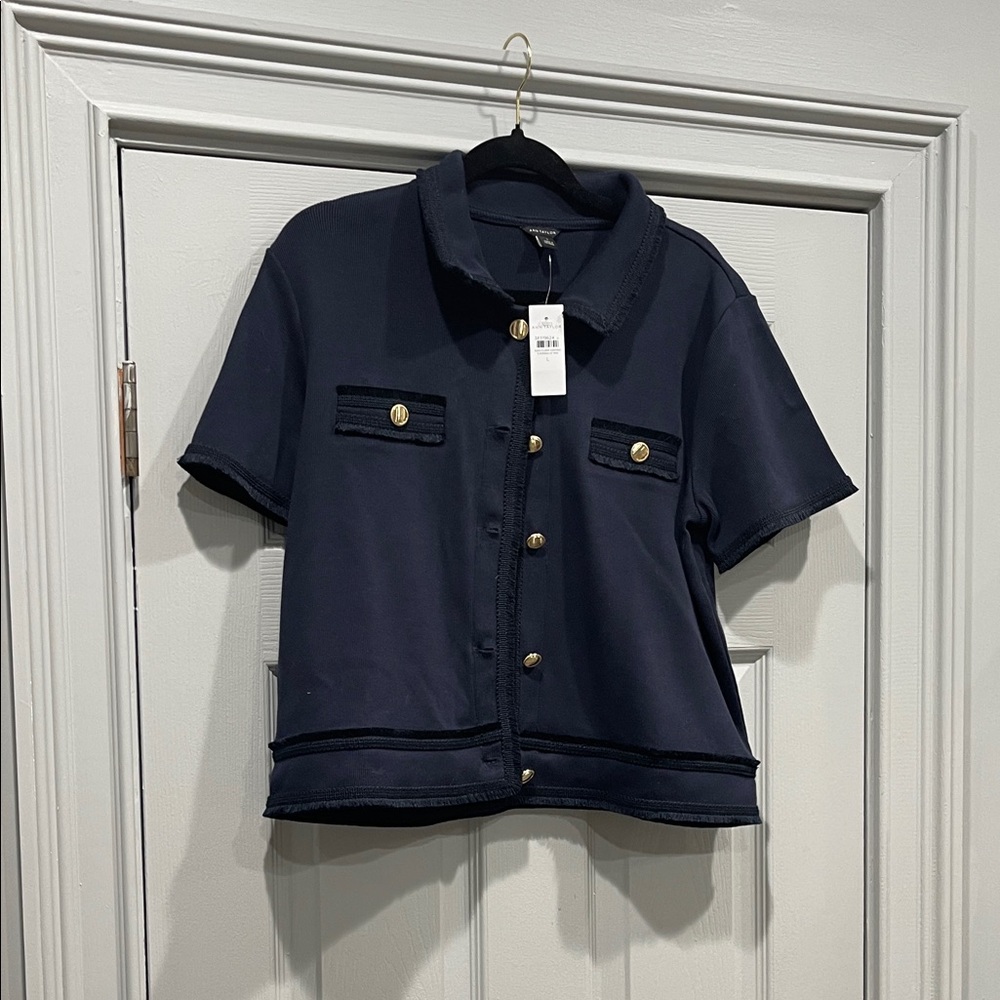 Ann Taylor Dark Blue Button-Down Shirt with Gold Accents